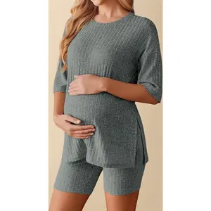 Women Maternity Sets 2 Piece Outfits Short Sleeve Shirts and Biker Shorts Pregnancy Loungewear Mama Clothes