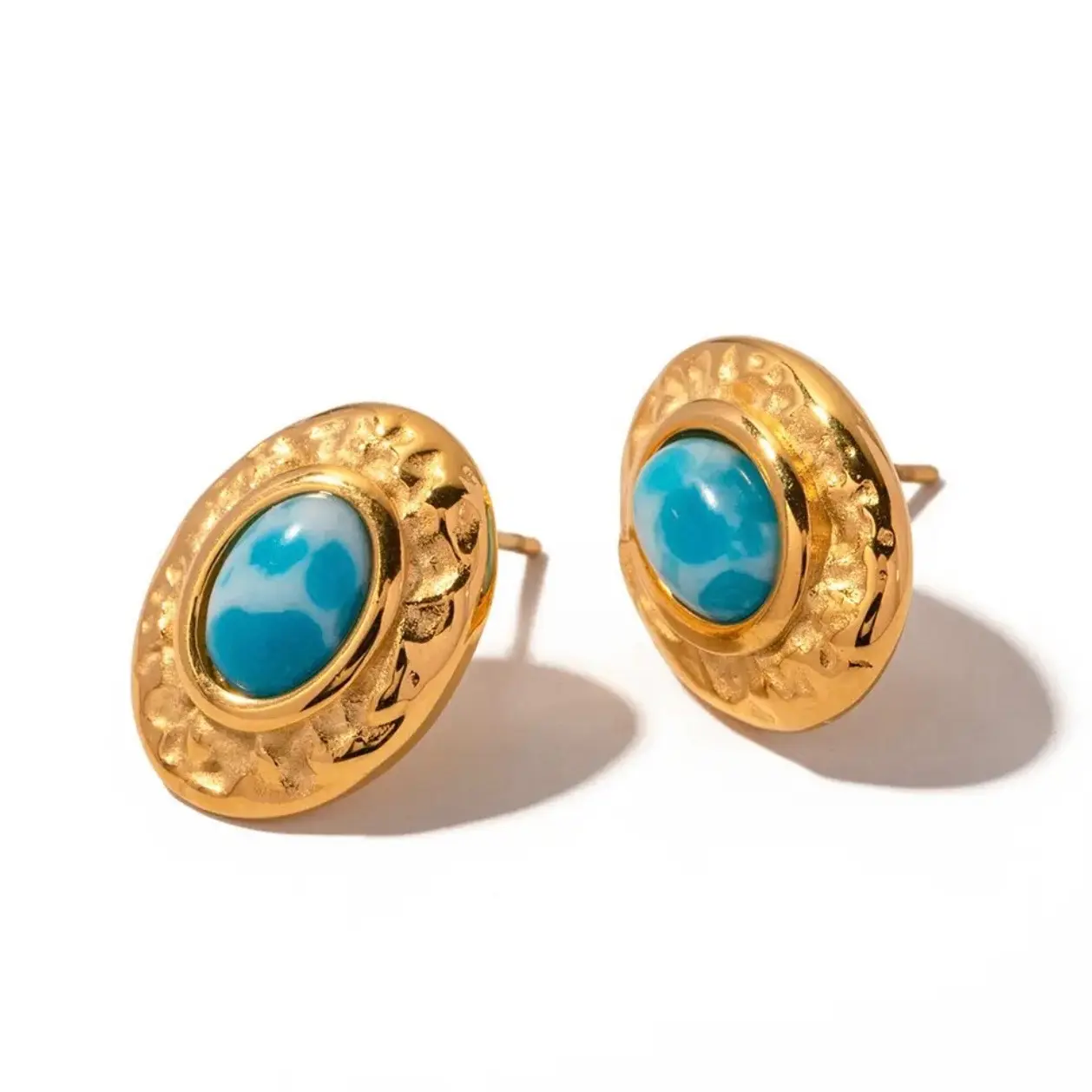 Uworld Waterproof 316 Stainless Steel Distinctive Larimar Stone Unique Stud Earrings Fashion Metal Gold Color Simple Daily Jewel