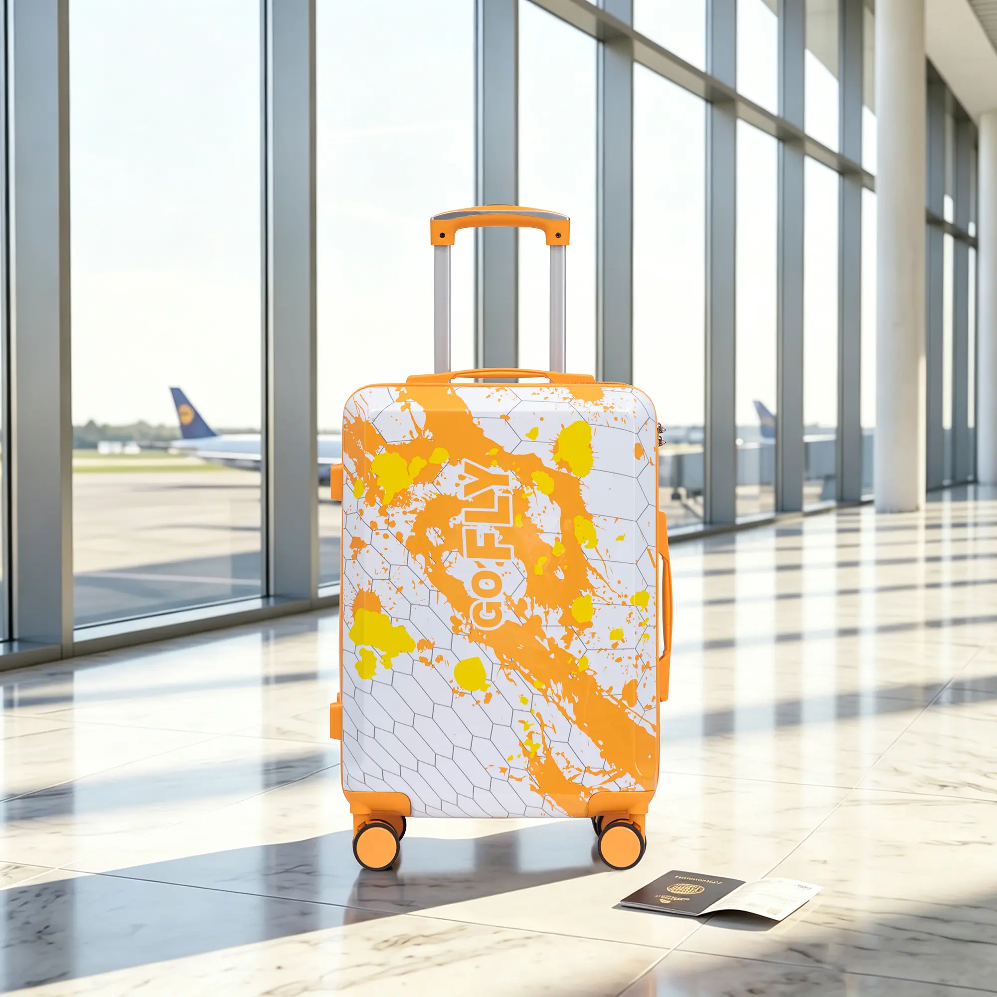 20 Inch PC Spinner Wheel Luggage, Carry on Suitcase, With Printed pattern and Combination Lock (Orange)
