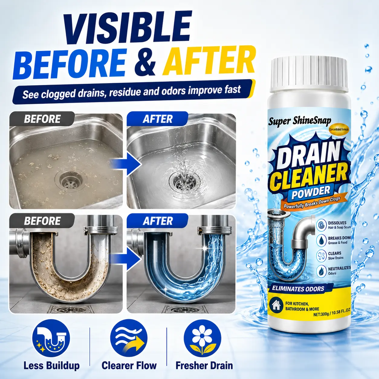 300g Drain Cleaner Powder + Free Disposable Blue Gloves – Viral Sink & Drain Clog Remover for Kitchen, Bathroom, Shower & Floor Drains, Helps Clear Hair, Grease, Soap Scum & Odors