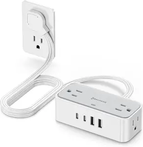 Surge Protector Power Strip, REALMADE 4 AC 4 USB Power Strip, Flat Plug Outlet Extender, 5Ft Extension Cord, Wall Mount Desk Charging for Home Office， Gray & White