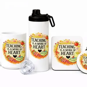 Custom "Teaching is a Work of Heart" Design Set - Includes Mug, Water Bottle, Coaster & Keychain - Perfect for Educators