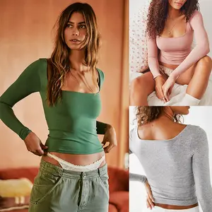 GGFL Women's 2025 Ins New Style Long Sleeve Crop Top, Solid Color Square Neck Slim Fit Base T-Shirt