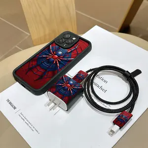6 Piece Set Spider Design Phone Case, Charger Head Cover, Cable Protector, Storage Rope, Data Line Wrap, Tpu Shockproof Apple iPhone Case Smartphone Protection Accessories