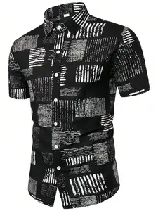 Men's Casual Printed Short Sleeve Collared Shirt, Button Front Design, Button Up Shirt, Fitted Style, All over Print, Menswear, Perfect for Everyday Wear