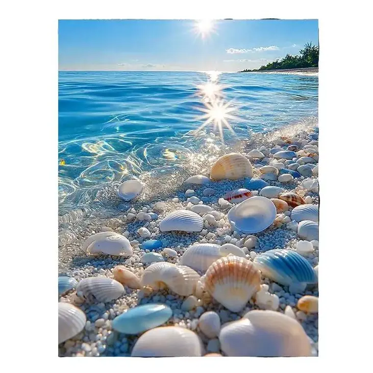 Conch Beach Scenery Wooden Framed Canvas Decorative Painting, Vibrant Seaside Scenery Wall Art, Canvas Texture, Wall Decor for Living Room, Bedroom, Bathroom, Seaside Theme Home Room Decoration