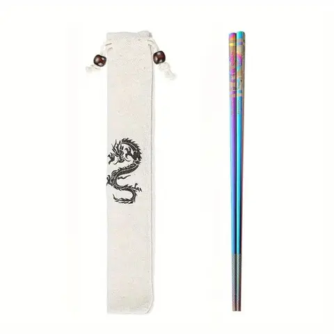 Stainless Steel Chopsticks, 1 Pair Reusable Chinese Dragon Pattern Chopsticks with Storage Bag, Durable Chopsticks for Home Hotel Restaurant, Kitchenware, Tableware, Utensils