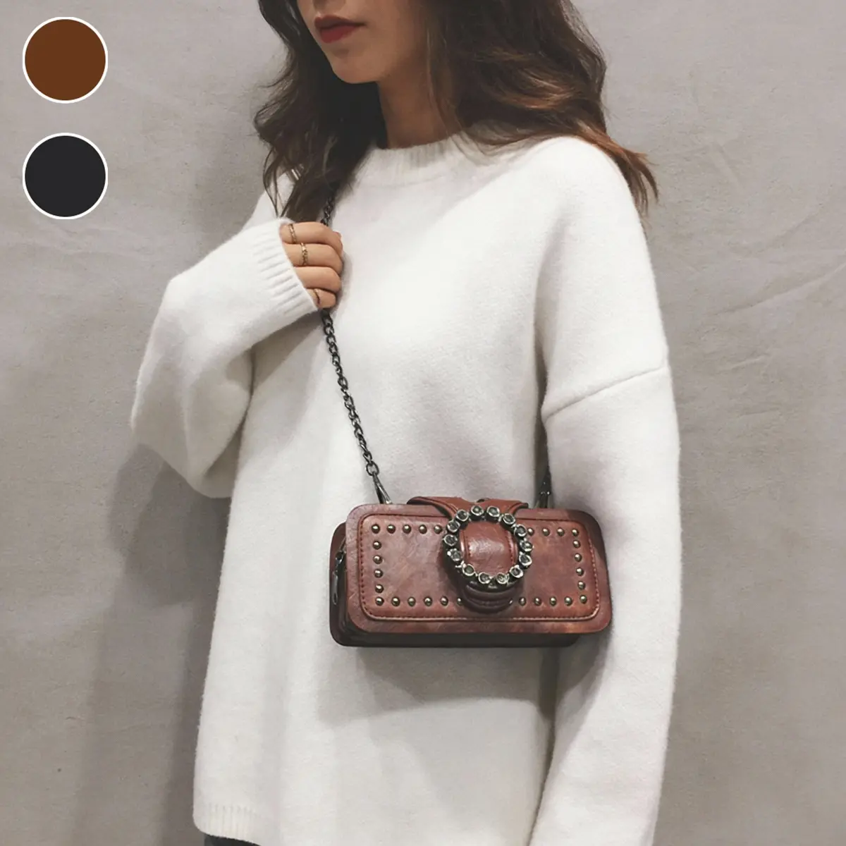 Women's Vintage PU Leather Adjustable Crossbody-Shoulder Bag - Multilayer Satchel with Riveted Diamond Decoration for Evening Party, Travel, Vintage Crossbody Bag, Thanksgiving
