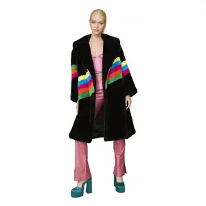 Elegant Women's Mid-Length Faux Fur Coat - Rainbow Striped Long Sleeves with Pockets Minimalist & Refined Soft & Smooth Loose & Warm for Autumn & Winter Versatile Style Ideal for Casual Outings Gatherings & Parties Womenswear Basic Chic Top