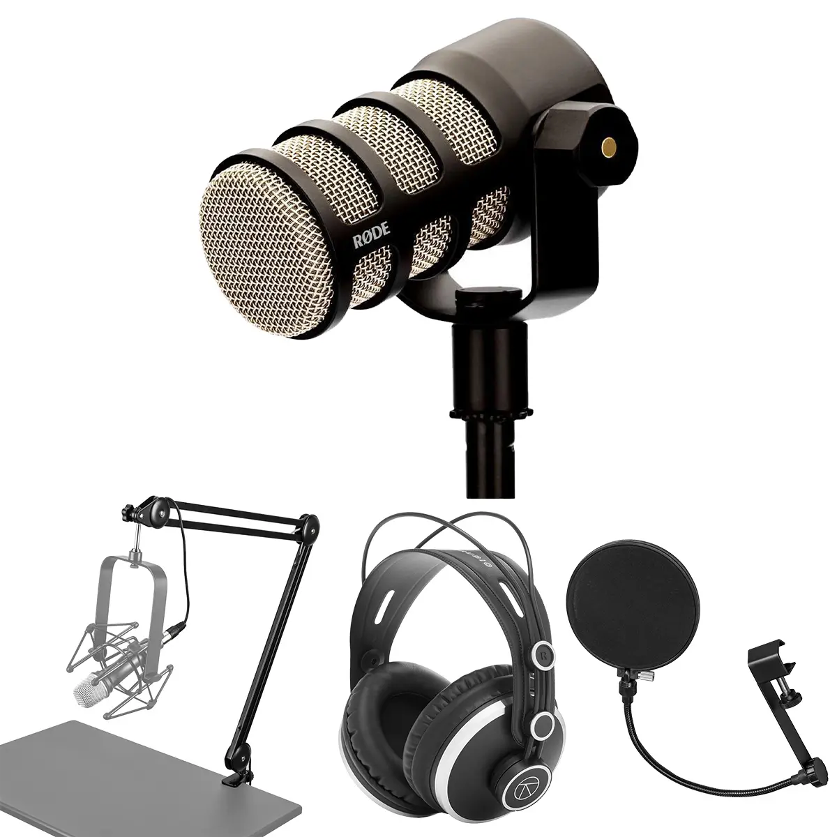 Rode PodMic Dynamic Audio Podcasting Microphone Bundle with H&A Versa Pro Field & Studio Monitor Headphones, H&A Broadcast Arm with Internal Springs, Pop Filter