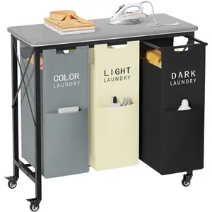 3 Section Laundry Sorter with Ironing Board, Laundry Hamper with Removable Bags, Rolling Laundry Cart with Lockable Wheels for Bedroom