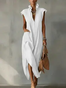 2026 Summer New Sleeveless Plain Loose V Neck Long Dress, Casual Split Hem with Pockets, Fashionable Women's Clothing