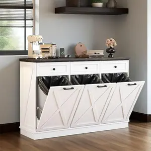 Triple Tilt Out Trash Can Cabinet, Wooden Hideaway Kitchen Garbage Recycling Cabinet with Drawer and Power Outlet, Freestanding Mobile Laundry Hamper Pet Proof Design for Kitchen Laundry Room