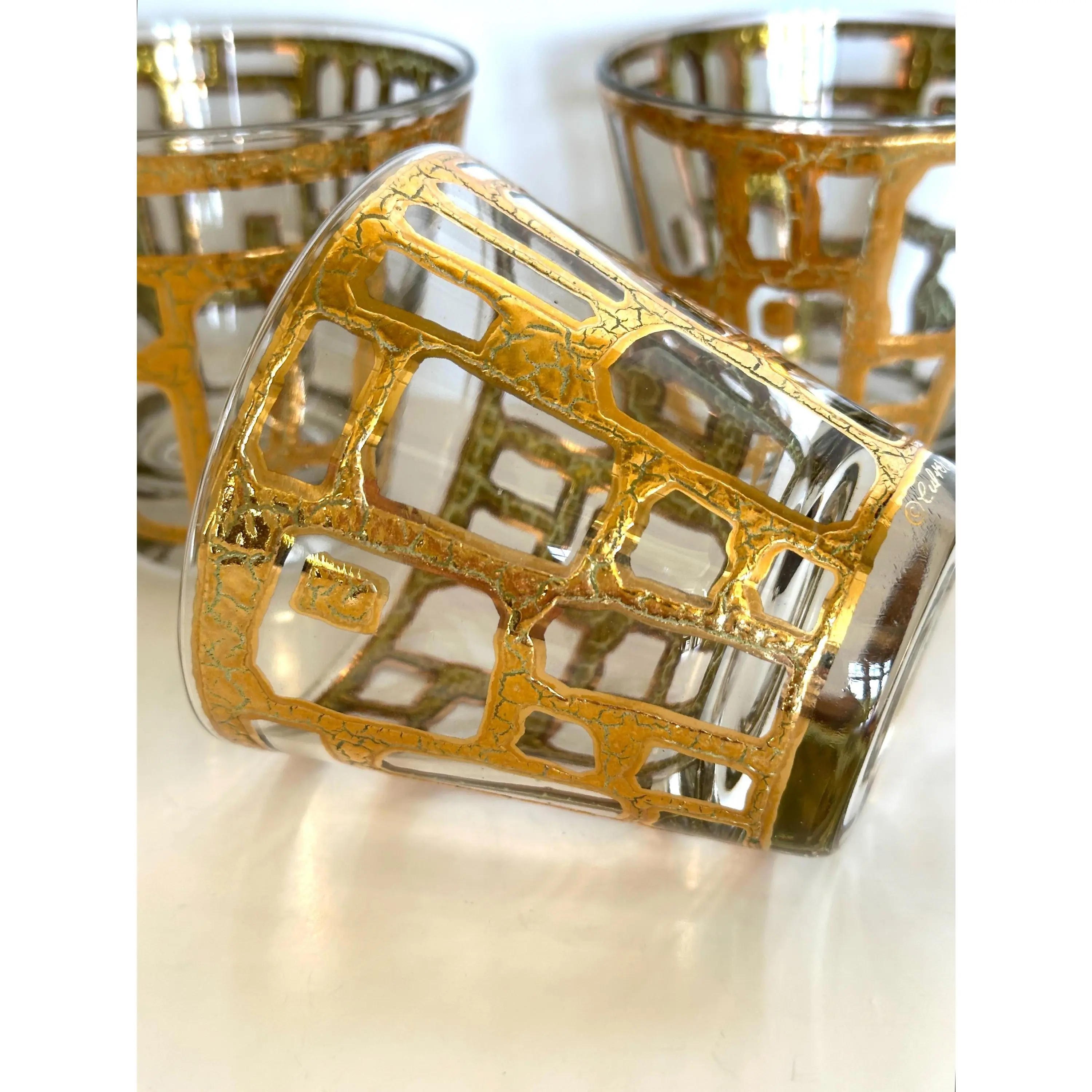 Culver Glasses, Gold Abstract Brutalist Pattern, Mid Century Glassware