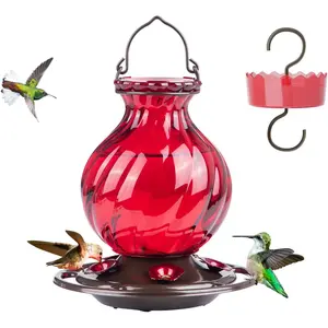 Hummingbird Feeder, 26 Ounces Glass Hummingbird Feeders for Outdoors Hanging Ant and Bee Proof, Ant Moat & 5 Flower Feeding Ports, Rustproof, Leakproof, Netted Flower Bud Shape Bottle, Red