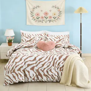 3Pcs Coffee Zebra Print Bedding Set, 1 Duvet Cover and 2 Pillowcases, No Inner Filler, Zipper Closure, Easy To Clean, Soft & Comfortable Fabric, Warm Bedroom Decoration, Ideal Gift Choice