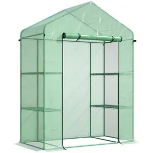 Outsunny Outdoor Walk-in Mini Greenhouse with Mesh Door & Windows, Small Portable Garden Green House with 3 Tiers 6 Shelves, Trellis, & Plant Labels