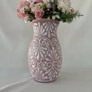 Pink Boliche 9” Vase with Elegant White Filigree Design Handmade Talavera Style (Flowers  not included)