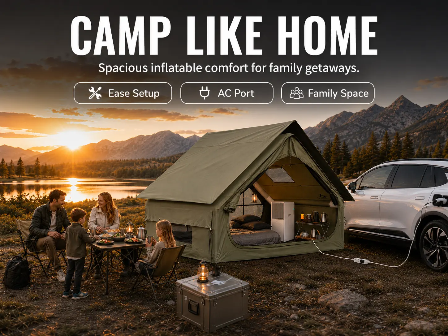 SENLEETO 1-3 Person Luxury Large Space Inflatable Glamping Tent - Warm Oxford Fabric, Stove Jack, AC Port, Awning, Rainfly, 5-Min Easy Setup, Waterproof Cabin Tent for Family Camping, US Stock Free Shipping