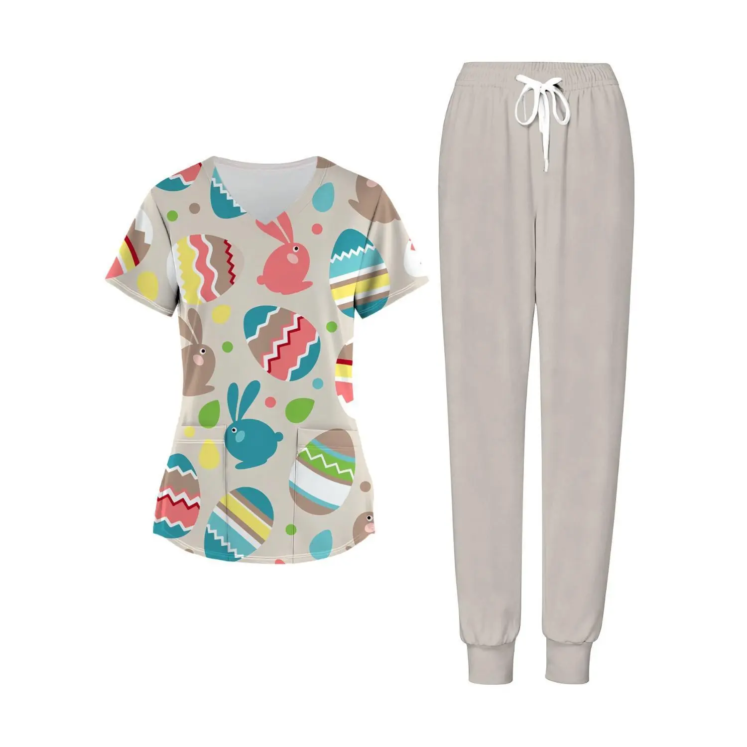 Beige Easter Bunny & Egg Two-Piece Women's Set with V-Neck Top and Pants - Perfect for Easter Day and Ideal for Scrubs