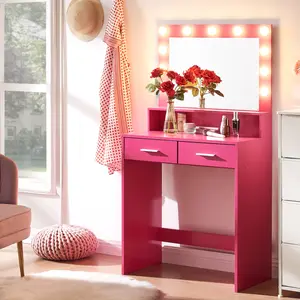 Small Vanity Desk with Mirror and Lights, Dressing Table with Large Drawer, 2 Level Storage Dresser & 3 Lighting Modes Adjustable Brightness, Suitable for Bedroom(Rose Pink)