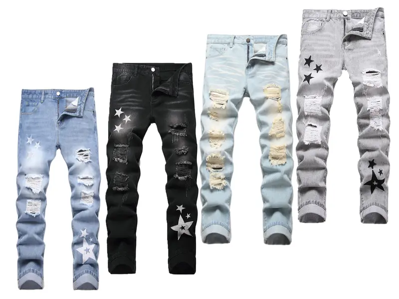 Men's Straight-Leg Ripped Jeans Four Seasons Comfortable Casual Black light blue dark blue gray Slim Fit Vintage Pantalones Para Hombre Washed Denim Pants in Various Colors