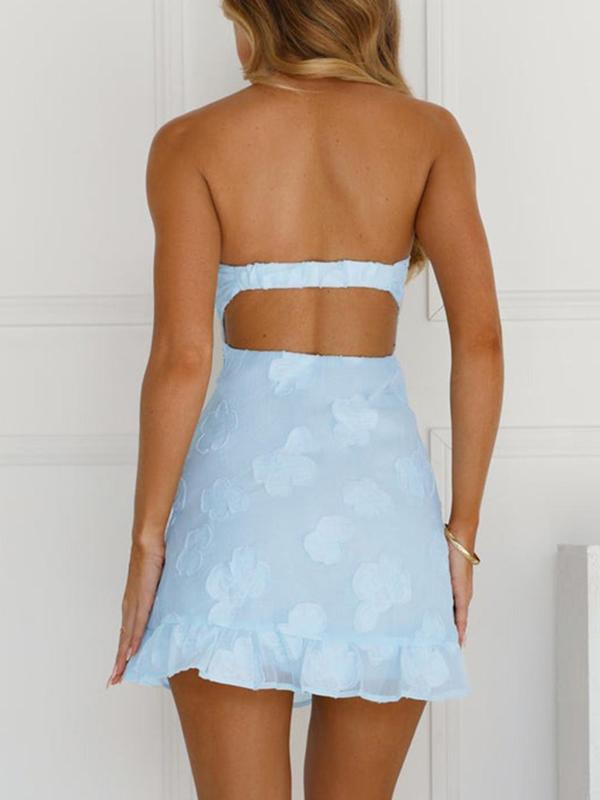 Women's Floral Print Bow Decor Tube Dress, Cute Strapless Flare Backless Party Mini Dress for Beach Holiday Vacation, Ladies Clothes for All Seasons