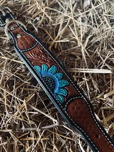 Tooled Dog Collar-Turquoise Flower