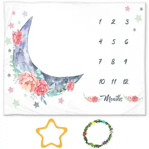 Baby Milestone Blanket - Floral Moon and Star Themed Monthly Milestone Blanket for Girls, Soft Fleece, 50x40 Inches, Includes Wreath and Marker