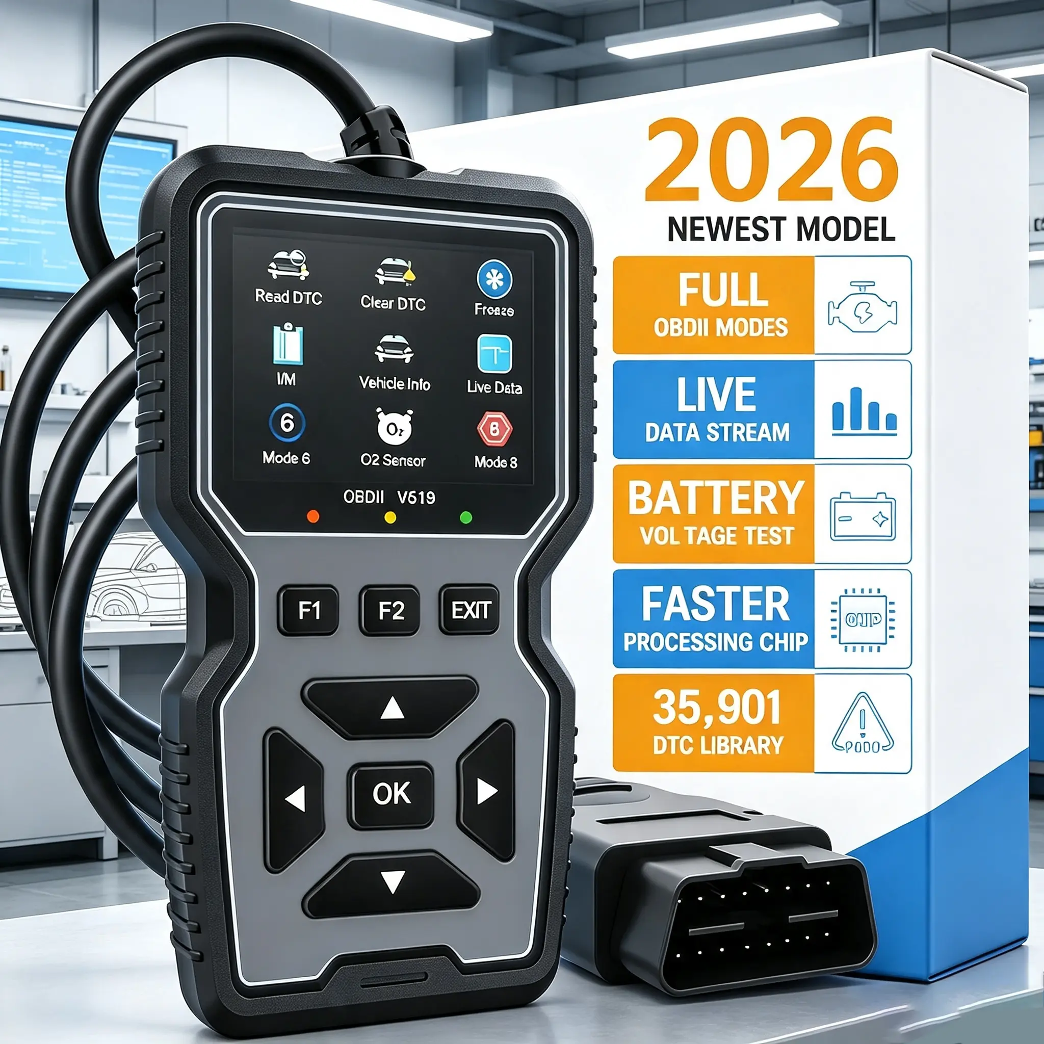 SHIELDIX Professional Automotive OBD2 Diagnostic Scanner Car Tool - Plug-and-Play OBDII/EOBD Code Reader for 1996+ OBDII Vehicles, DTC Read & Clear, Live Data, Battery Test, I/M Readiness, Mode 6 & 8