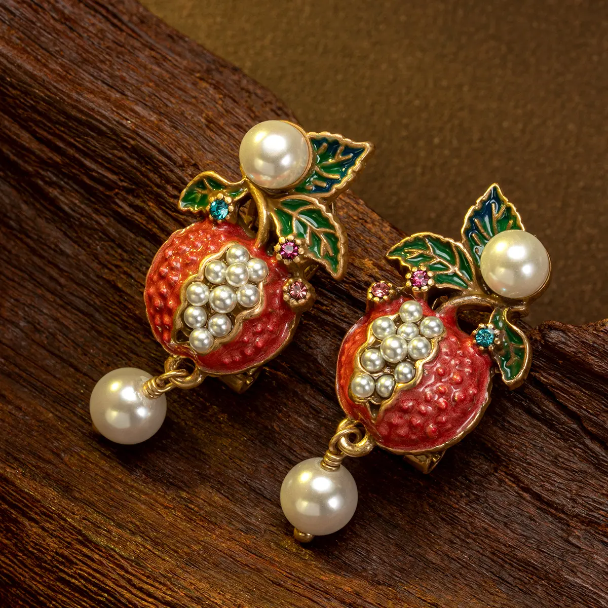 Vintage Pomegranate Pearl Earrings | Lucky Fruit Statement Jewelry with Enamel Detail