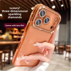 For iPhone 17 Pro Max 17 Pro 16 Pro Max 16 Pro 15 14 13 Smartphone Case Luxury Rhinestone Edge with Lens Film Soft Shockproof Protective Cover