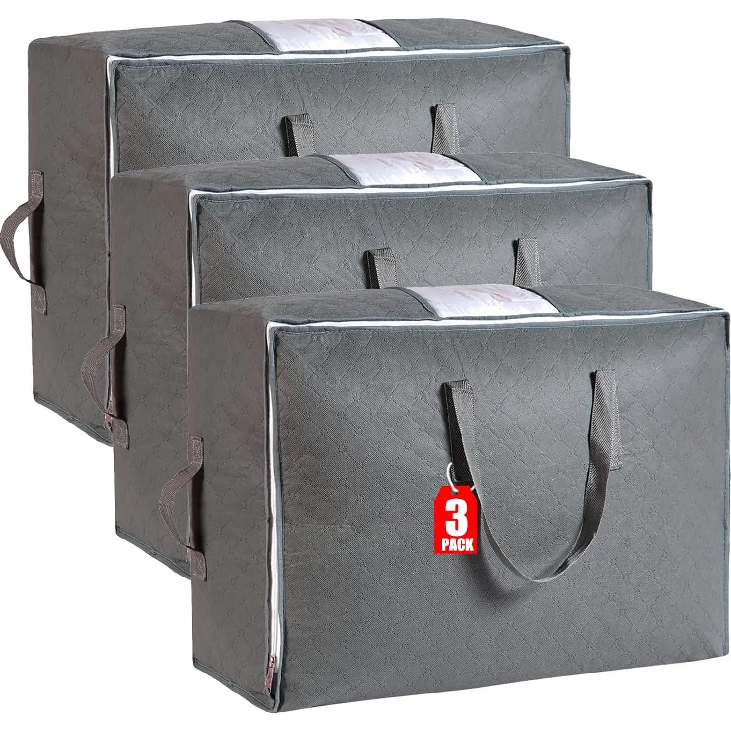 105L  Storage Bags for Blankets,  Comforters, Bedding, Clothes, Pillows, Sheets - Closet Organizers and Storage with 4 Handles & Clear Window, Foldable & Breathable (Grey, 3pack)