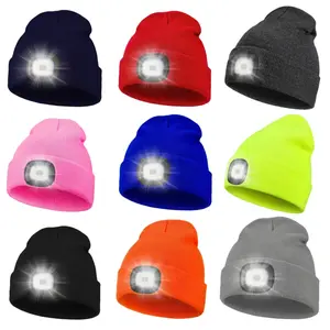 Unisex LED Beanie Hat, Sports Outdoor Hats with 4 Bright Leds, Breathable Acrylic Material, Button Control, Perfect Gift for Camping & Night Walks