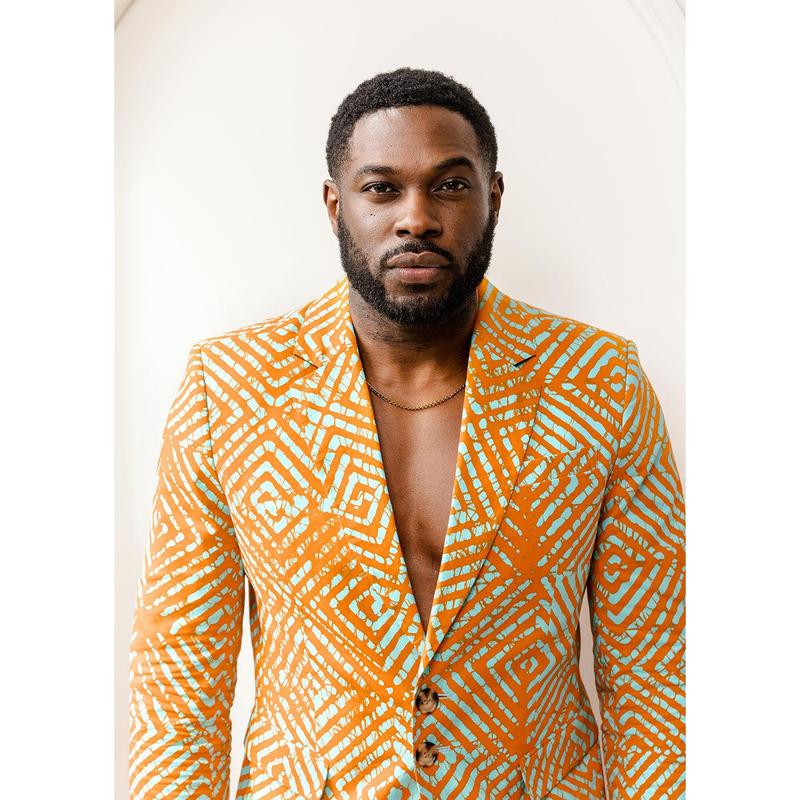 Hami Men's African Print Lightweight Blazer (Orange Blue Adire)