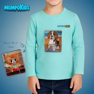 Puzzle-Up Dog&Cat  Long Sleeve Shirt with additional puzzle patch for girls and boys with removable puzzle pieces, Mompokids, fun, interactive, machine washable, improves fine motor skills, fidget toy you can't loose