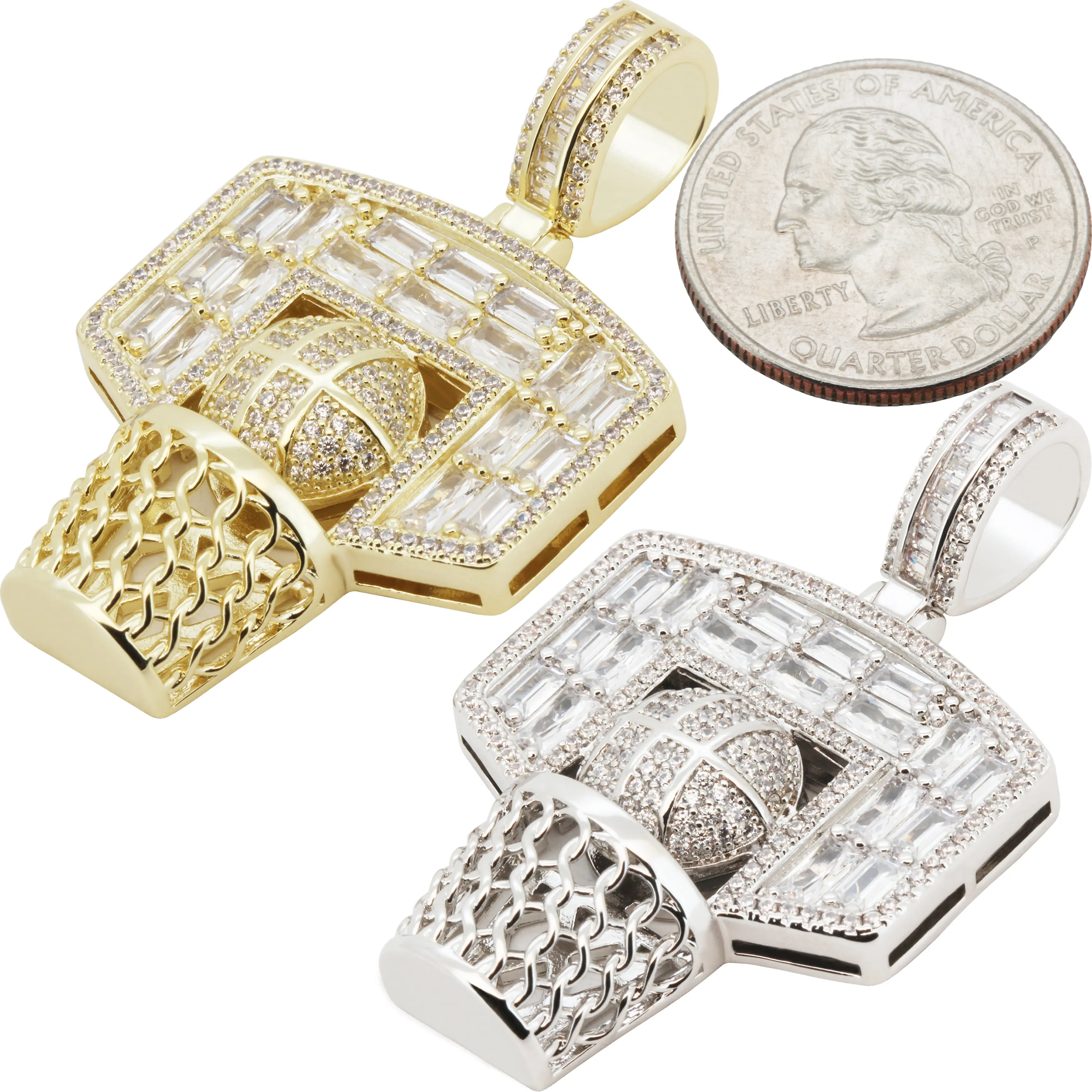 14k Yellow/White Gold Plated AAA Cubic Zirconia Basketball Hoop Pendant