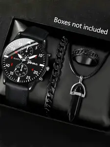 Men's Fashion Watch, With Cross Necklace Bracelet and Ring, Round Dial Quartz Watch Set, Perfect for Daily Wear, Back-to-School Season, Graduation Season, Couples, Wrist Watch Best Gift (No Box), Accessories