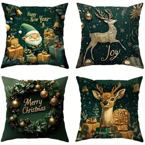 4pcs Green & Golden Luxury Luxury Christmas Cushion Set - Deep Teal & Golden Luxury Pillowcases, Golden Lettering & Deer/Candy Cane/Gift Box Patterns, Deep Green Wreath & Golden Baubles Design for Sofa Bed Car Office Decor, Sofa Cushion Cover