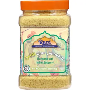Rani Haldi Gur Shakkar (Turmeric with Indian Jaggery) Indian Unrefined Raw Cane Sugar 17.5oz (1.1lbs) 500g PET Jar ~ Gluten Friendly | Vegan | NON-GMO | Kosher | No Salt or fillers | Indian Product