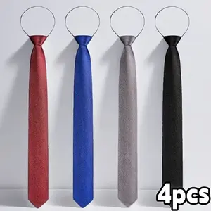 4 Pack Men's Polyester Silk Solid Colors Pre-Tied Zippered Neckties with Adjustable Zipper - Ideal for Wedding, Business - Perfect Gift for Groom (Sports & Outdoor Accessories Compatibility)