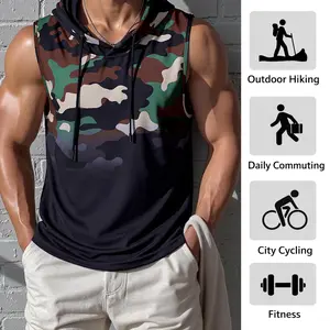 Men's Camouflage Sleeveless Vest with Hood Drawstring 3D Shaping Wear Resistant Fabric Ideal for Urban Cycling Fitness Weightlifting
