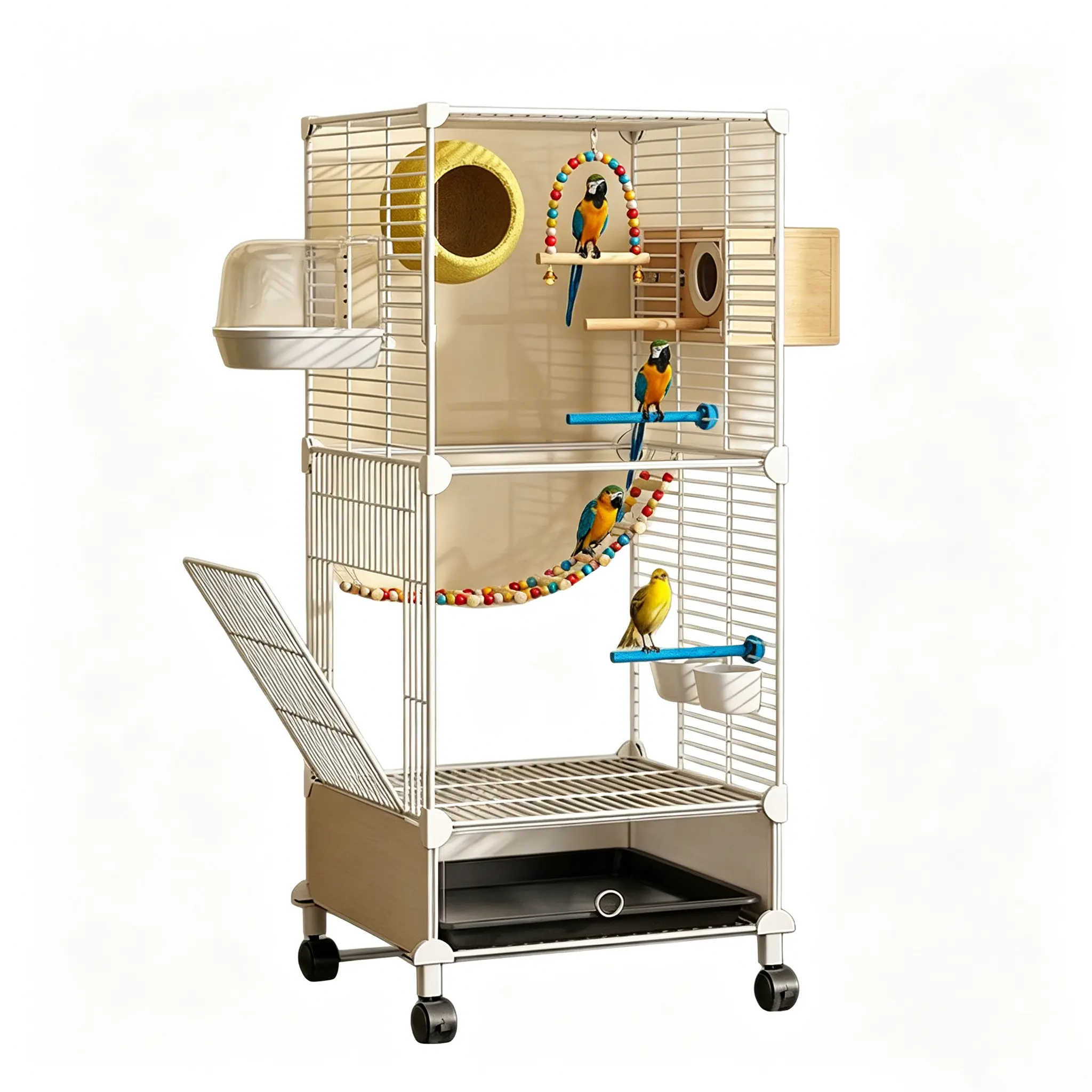 White Metal Convertible Birdcage with Breeding Box, Modular Design, Wheels, Parakeet Cage Setup for Small Birds (Parakeets, Cockatiels), Birdcages, Metal Frame Cage, Rolling Bird Cage