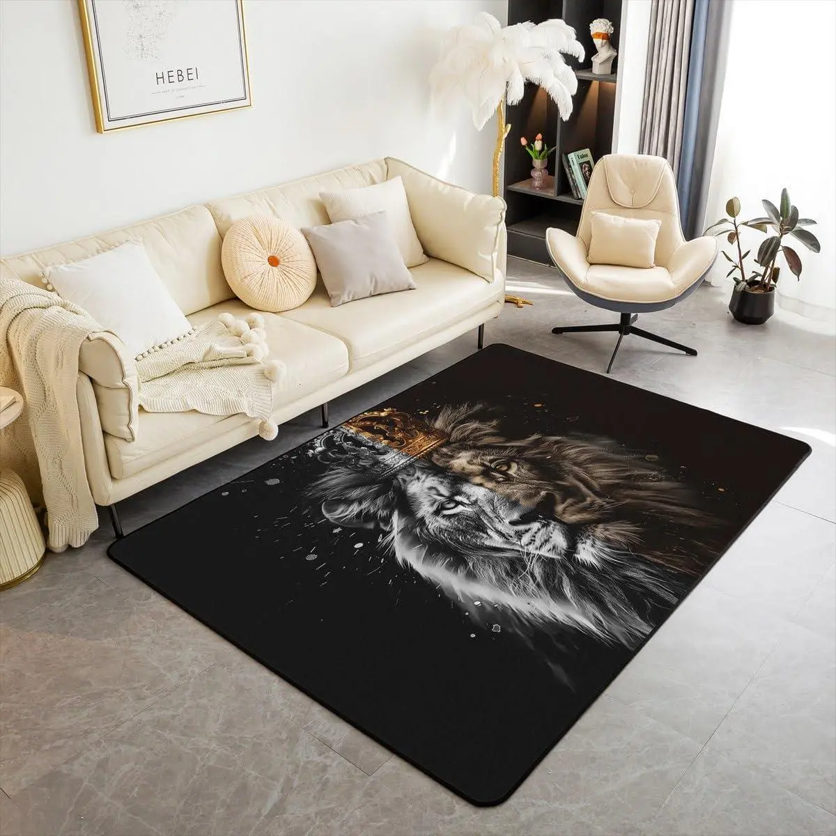 Lion Area Rug ,Golden Crown Wildlife 3D Print Decorative Rug for Bedroom Playroom Backyard,African Wild Animal Black Gray Non Slip Carpet for Kids Adults