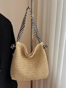 Women's Large Capacity Woven Grass Hobo Shoulder Bag, Boho Style Casual Tote, Relaxing Beach Bag for Vacation Use, Woven Shoulder Bags