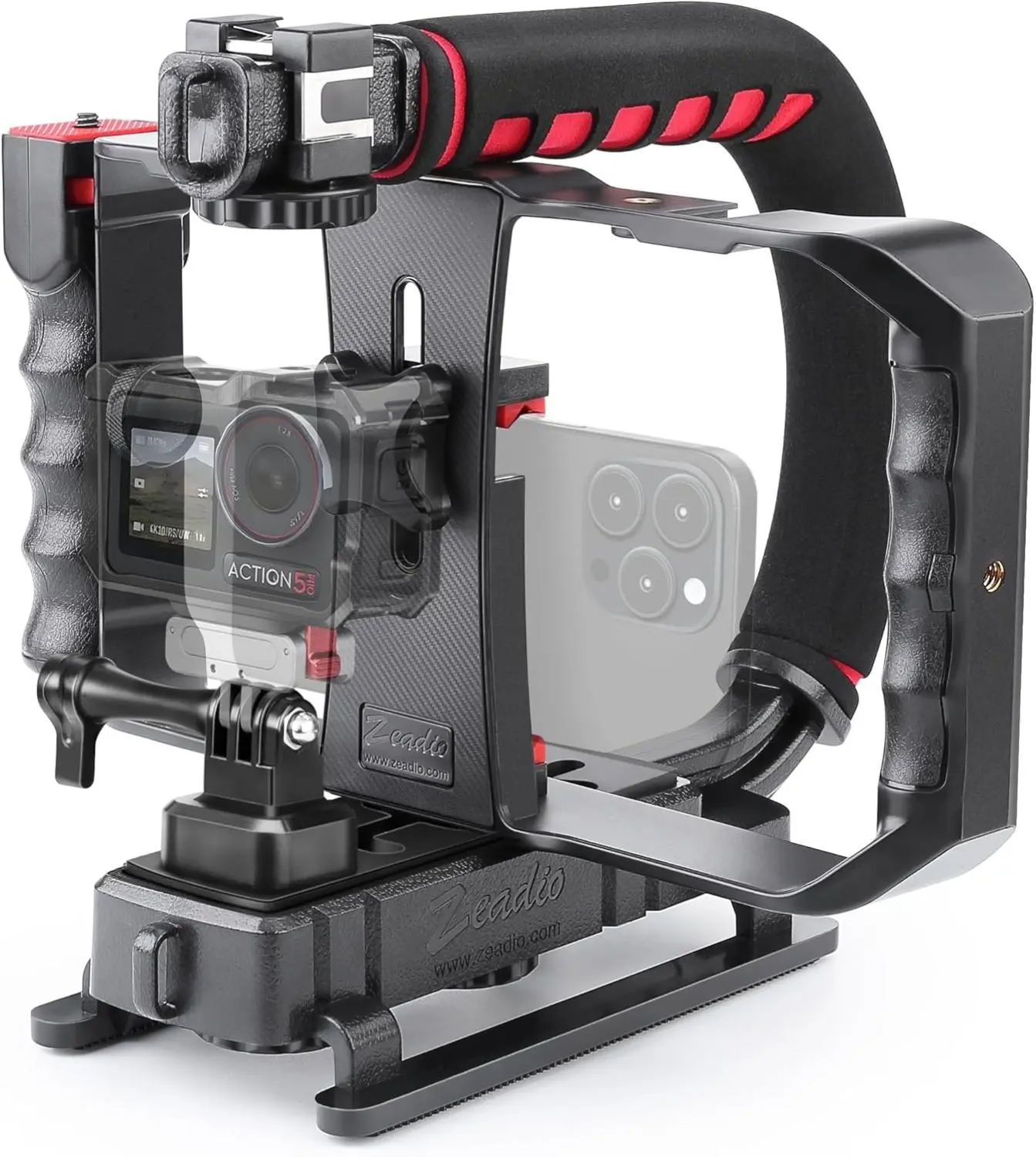 Camera Handheld Stabilizer with Smartphone Video Cage Rig, Triple Cold-Shoe Handle Grip Compatible with All Camera Action Camera DSLR Smartphone