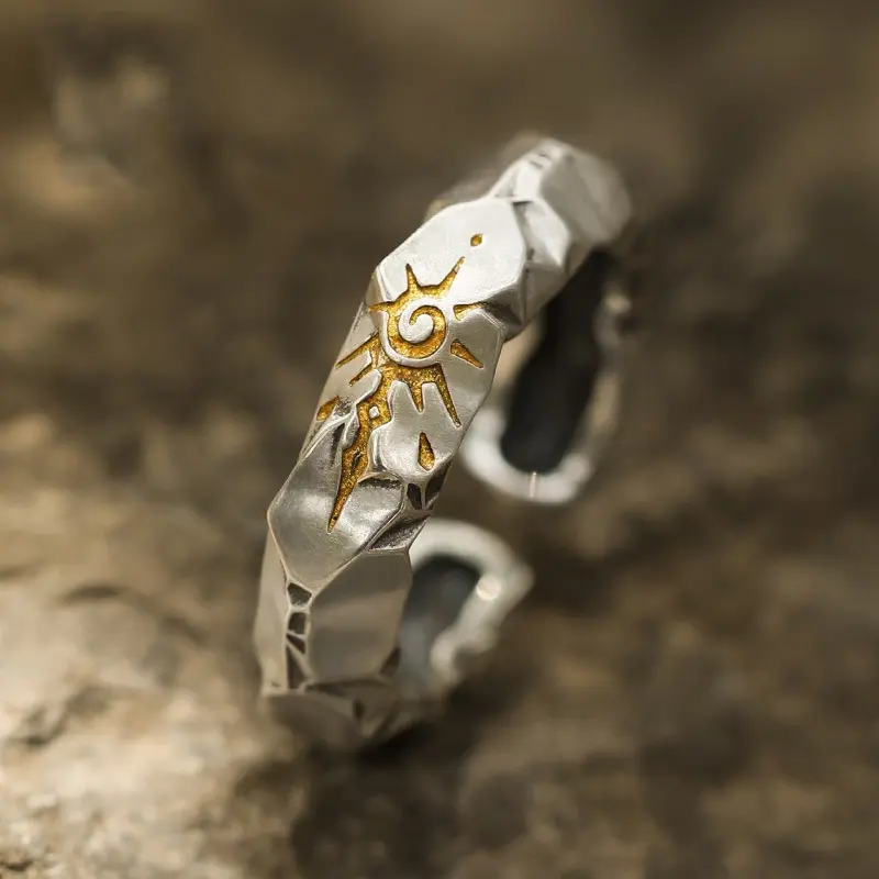 Retro Unisex Ring with Thai Silver Texture, Statement Shape/Pattern Design - Spring 2025 Costume Jewelry, Adjustable Ring, Geometric Shape, Open, Irregular Form, Adjustable Size, Vintage, Artistic Fashion, Electroplating, Vintage Ring