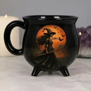 Witch Cauldron Mug - Name Witch Broomstick & Bats Design, Non-Slip Base, Hand Wash Only Wiccan Tea/Coffee Cup for,, Sisters - Halloween, Christmas, Birthday ( Jessica/Name) Drinkware Tumbler Black new Ceramic Reusable