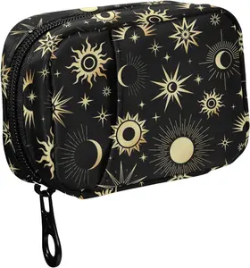 Gold Sun Moon and Stars Travel Pill Organizer Case Zipper for Purse with Removable Weekly Pill Box for Medicine, Vitamin, Supplement Medicine Organizer