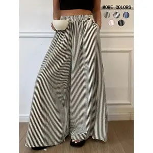 Women's Vertical Striped Casual Elastic Waist Wide Leg Pants, Loose-Fitting Stripe Design, Comfortable Daily Wear, Womenswear